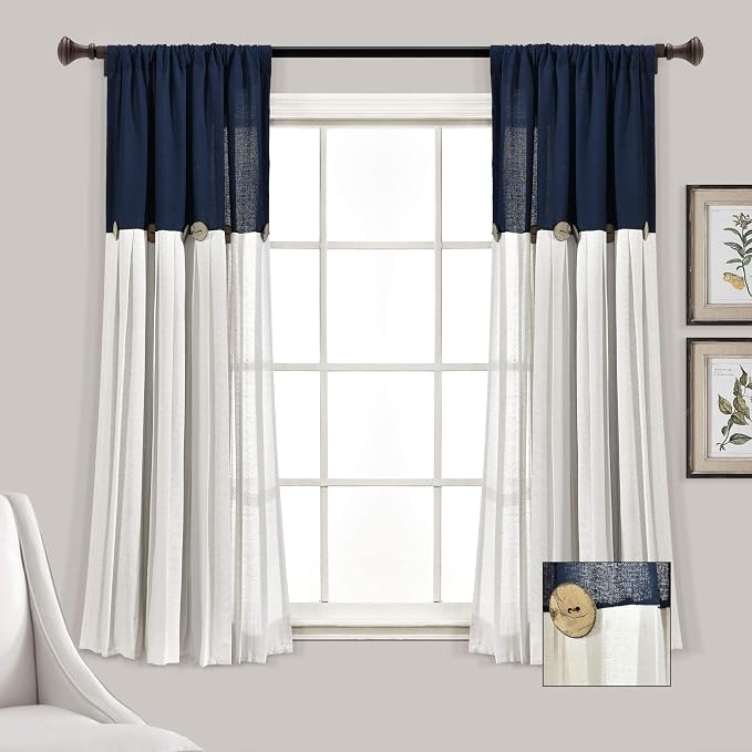 Lush Decor Linen Button Window Curtain Panel, Single, 40" W x 63" L, Navy & Off-white - Country Curtains - Rustic Decor - Color Block Modern Farmhouse Curtains For Living Room, Bedroom & Dining Room