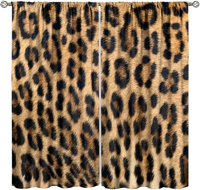 Leopard Print Blackout Curtains, Retro Wild Animal Skin Black Brown Fur Leopard Print Rod Pocket Curtain Window Treatments 2 Panels Drapes for Nursery Living Room Bedroom Office Decor 42"W X 63"L