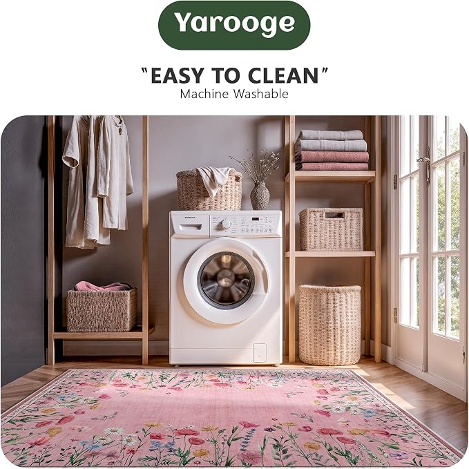 8x10 Area Rugs, Machine Washable Low Pile Floral Rugs for Living Room, Bedroom, Large Area Rug with Non-Slip Backing for Dining Room(Pink)