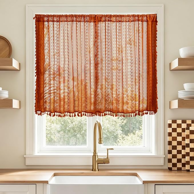 Sutuo Home Terracotta Boho Lace Vintage Curtains 45 Inches 2 Panels for Kitchen Cafe, Orange Small Window Curtains Semi Sheer Crochet Country Tassels Bohemian Drape Privacy Cottage Rod Pocket, 50" W