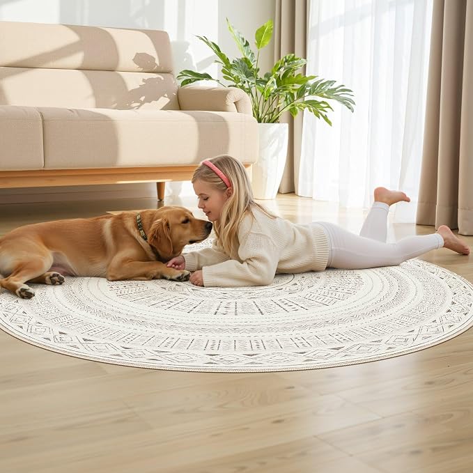 cotiled 5x5 Round Area Rugs Living Room Rug: Washable Boho Rugs with Non Slip Backing Large Soft Indoor Stain Resistant Carpet for Bedroom Farmhouse Dining Room Lightweight Home Decor L Brown/Cream