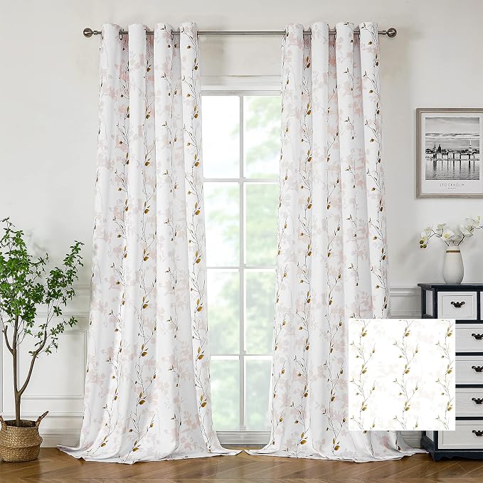 Joydeco Floral Curtains 96 Inches Long for Bedroom 2 Panels, Room Darkening Boho Curtains Patterned Panels for Living Room with Grommet, 80% Blackout Leaf Printed Drapes(Leaf Brown-95)