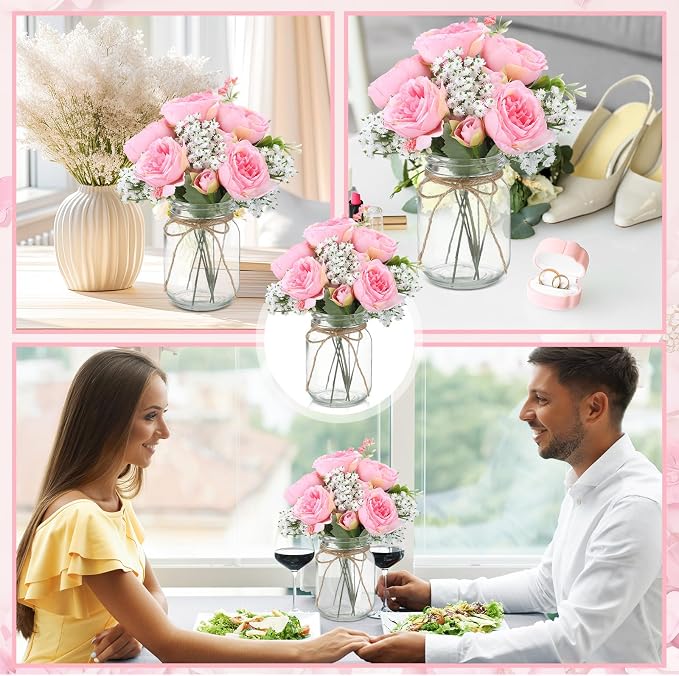 Zeyune 6 Sets Mason Jar Centerpiece Table Decorations, Artificial Peony Baby's Breath Flower Bouquets, Faux Flowers with Vase, Rustic Decor Gifts for Home, Wedding, Holiday (Coral Pink)
