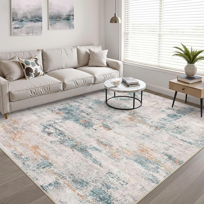 6x8 Area Rug Living Room: Washable Large Neutral Aqua Brown Rugs Abstract Soft Modern Stain Resistant Indoor Floor Non-Slip Carpet for Bedroom Nursery Kids Office Playroom Dining Room Under Table