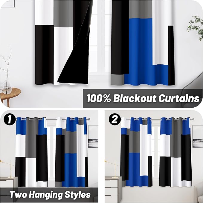 Tyrot Blue Gray 100% Blackout Curtains 45 inch Length 2 Panels Set White Grey Modern Abstract Geometric Drapes for Kitchen Black Out Curtains Insulated Room Darkening Small Window Curtains, 52Wx45L