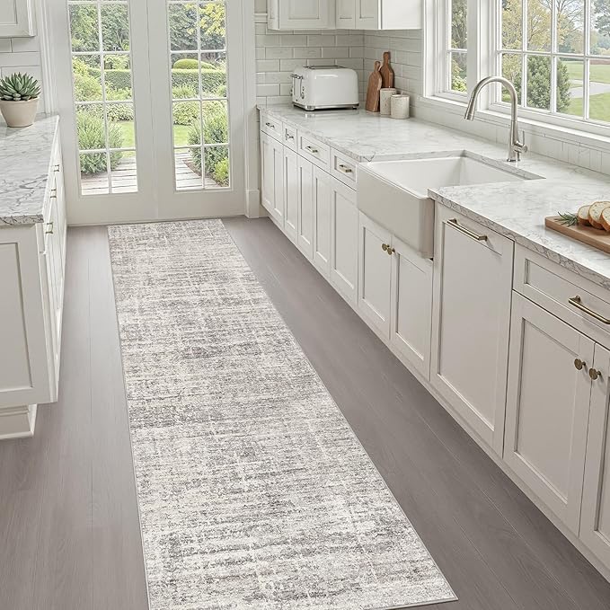 Runner Rug Non-Slip Kitchen Rug: 3x10 Washable Abstract Modern Soft Stain Resistant Indoor Floor Neutral Accent Throw Carpet for Hallway Bathroom Laundry Room Bedroom Entryway- Brown Gray