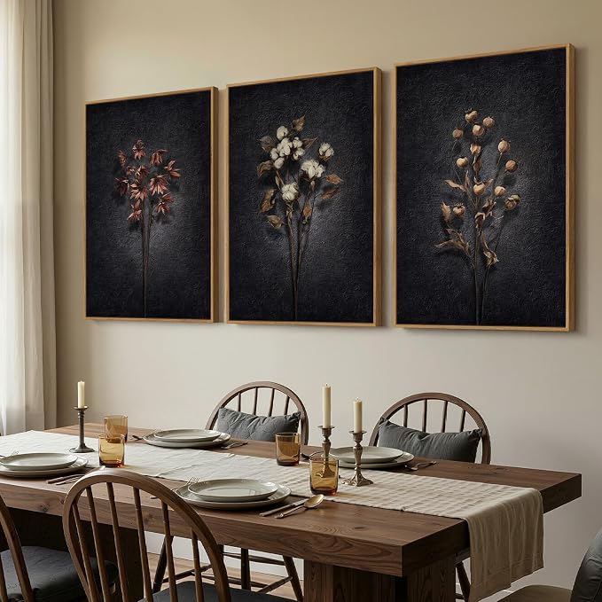 3 Piece Framed Moody Floral Wall Art for Dining Room, Large Vintage Botanical Canvas Artwork for Walls, Dark Black Retro Flower Picture Prints Paintings for Living Room Kitchen Decor, 24x36 Inch
