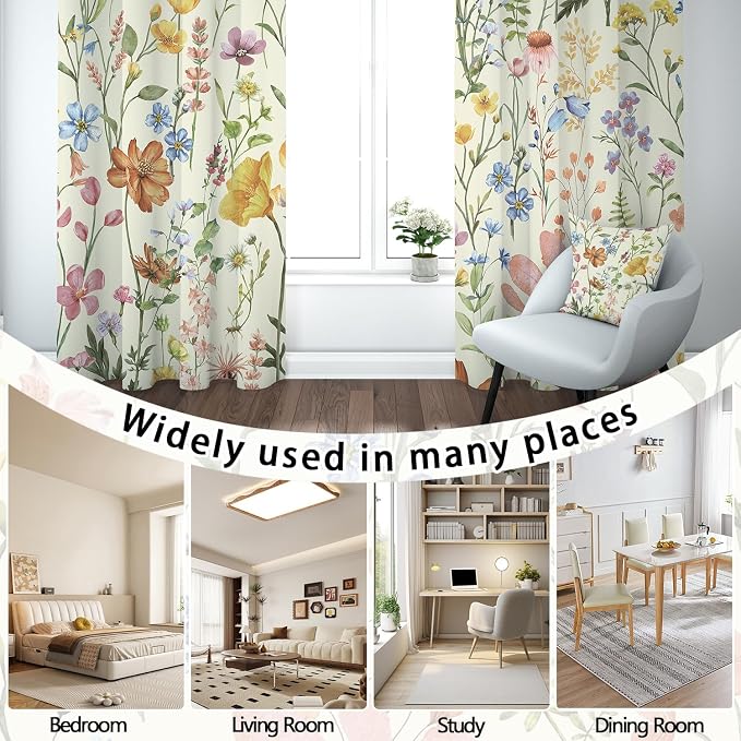 Floral Blackout Curtain, Colorful Wildflower Vintage Botanical Aesthetic Window Curtains Living Room Bedroom Decor Darkening Window Drapes Treatments, 2 Panels 52x84 Inch