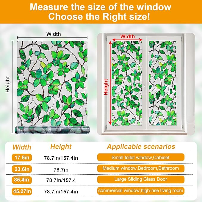 Countewol Greenery Leaf Static Cling Window Film Frosted Stained Glass Privacy Anti-Glare UV Protection for Home & Bathroom (Textured Greenery Leaf, 45.2 x 78.7 in)