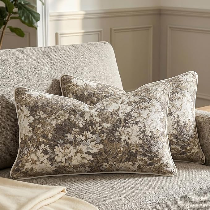 Vintage Floral Throw Pillow Covers 12x20 Inches Set of 2 Lumbar Boho Farmhouse Pillow Cases Premium Chenille Textured Decorative Cushion Covers for Couch Retro Garden Farmhouse Style Taupe
