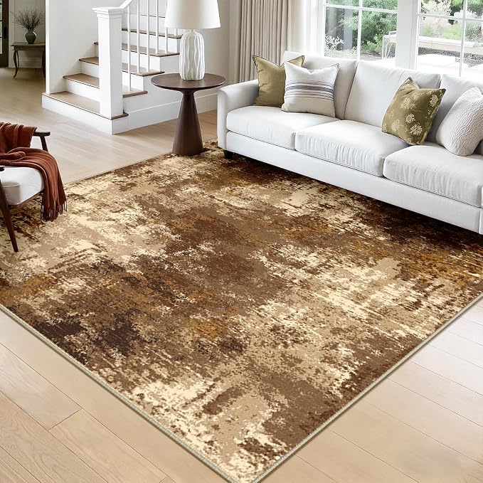 RELEANY Washable Area Rugs Square 8ft Non-Slip Modern Abstract Soft for Living Room Entryway Bedroom Kitchen, Print Pattern, Brown Tan Beige Coffee