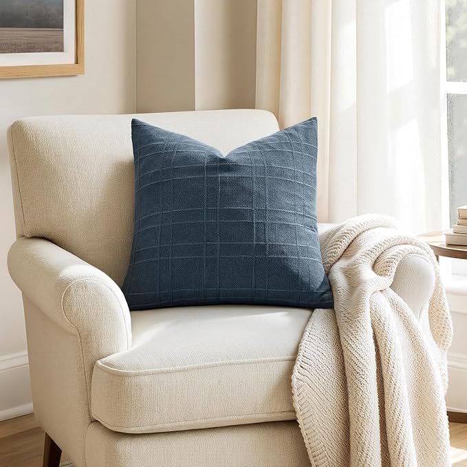 MIULEE Decorative Linen Check Throw Pillow Covers Neutral Farmhouse Vintage Pillow Covers 18x18 Set of 2 Boho Modern Home Decor for Sofa Couch Bedroom Cushion Deep Blue