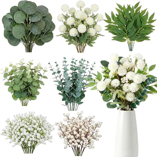 Yinder 60pcs Mixed Artificial Eucalyptus Stems and Faux Flower Set, Greenery Eucalyptus Branch Baby's Breath Silver Dollar Stem Berry and Silk Mums for Vase Centerpieces Wedding Arrangement Home Decor