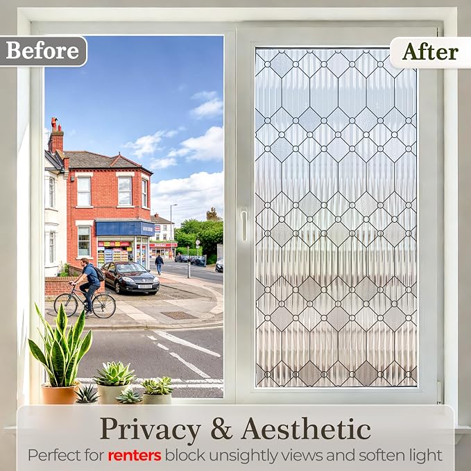 SUNBABY Reeded Glass Window Privacy Film, Decorative Frosted Glass Window Film for Bathroom & Front Door, 3D Static Cling Window Coverings Day and Night Privacy Sun Heat Blocking (29.5 x 118 Inch)