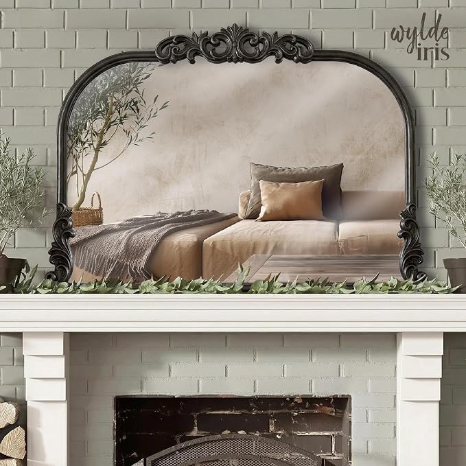 Wylde Iris English Estate Carved Arch Wood Wall Mirror, Mirror for Entryway, Living Room, Bathroom, Distressed Black, 30.6x41