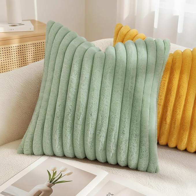 decorUhome Fall Cozy Faux Fur Throw Pillow Covers 24x24 Set of 2 Decorative Plush Striped Modern Farmhouse Boho Couch Euro Sham Pillow Cases with Velvet Back for Sofa Bed Living Room, Sage Green