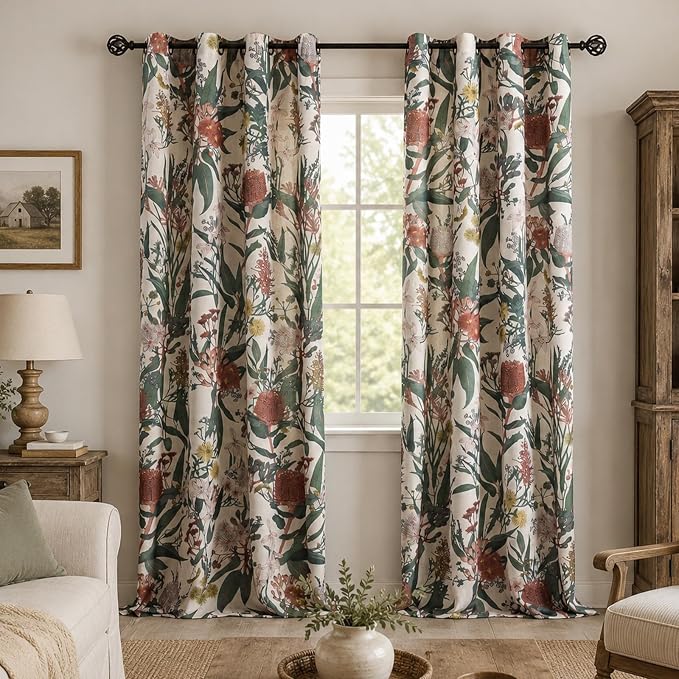ALIGOGO Patterned Curtains 90 Inches Long - Cottagecore Floral Boho Curtains for Living Room, Country Grommet Art Decor Protea Cabin Pretty Flowered Drapes for Sliding Door 2 Panels, 50" W x 90" L