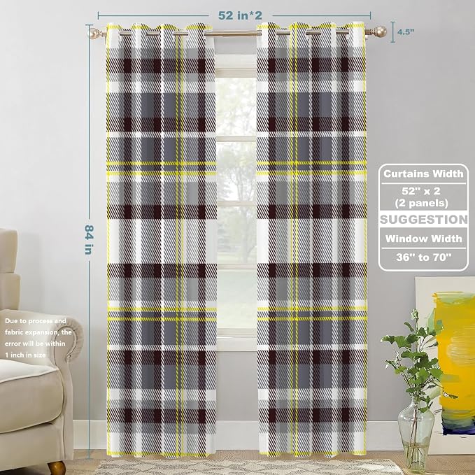 Shrahala Grunge Vintage Art Plaid Blackout Window Curtains, Tartan Grey Thermal Insulated Curtains Grommet Top Window Drapes for Living Room, Bedroom (2 Panels,52 x 84 in)