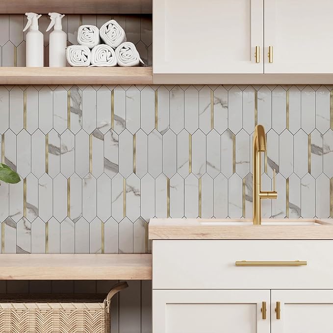 KASARO Peel and Stick Backsplash Long Hexagon Wall Tile, 10-Pieces PVC Self Adhesive Mosaic Tiles, Marble White with Vintage Gold Stripes Decorative for Kitchen, Bathroom and Fireplace