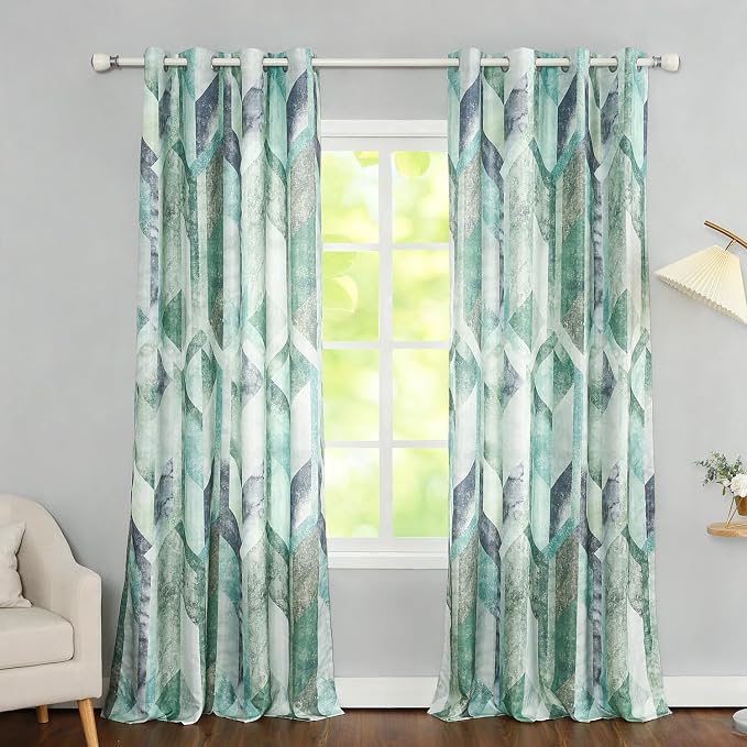 Leeva Printing Curtains & Drapes, Faux Linen Geometric Pattern Grommet Curtain Panels for Bedroom, Modern Style Light Filtering Window Treatment for Living Room, 60 x 106, 2 Pieces, Green