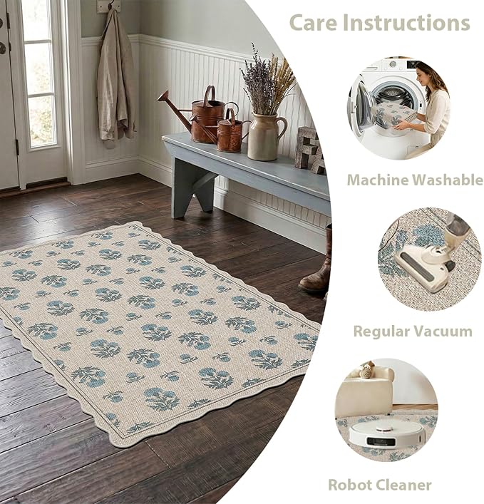 ORTIGIA Scalloped Easy Jute 3x5 Area Rug Vintage Blue Floral Farmhouse Washable Rug Non-Slip Indoor Outdoor Carpet for Living Room Bedroom Kitchen Patio Entryway