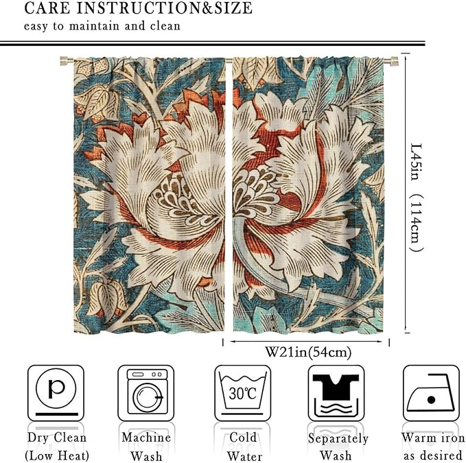 William Morris Plant Floral Blackout Window Curtains, Bohemian Vintage Rustic Flowers William Morris Art Style Window Drapes, for Bedroom Living Room 21(W)*45(L) 2 Panels