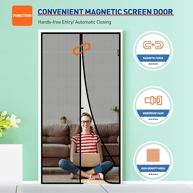 MAGZO Magnetic Screen Door Fit Door Size 50 x 80 Inch, Screen Size 52" x 81" Strong Magnet Door Mesh with Reinforced Hook & Loop for Patio Door, Front Door, Doorway, Black