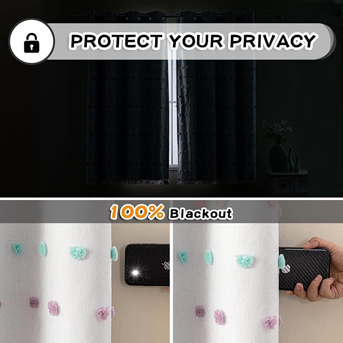 MYSKY HOME Total Blackout Curtains for Kids Bedroom 80 Inch Long 100% Light Blocking Curtains for Living Room 2 Panels Room Darkening Grommet Double Layer Drapes with Rainbow Pom Pom Sheer 52W x 80L