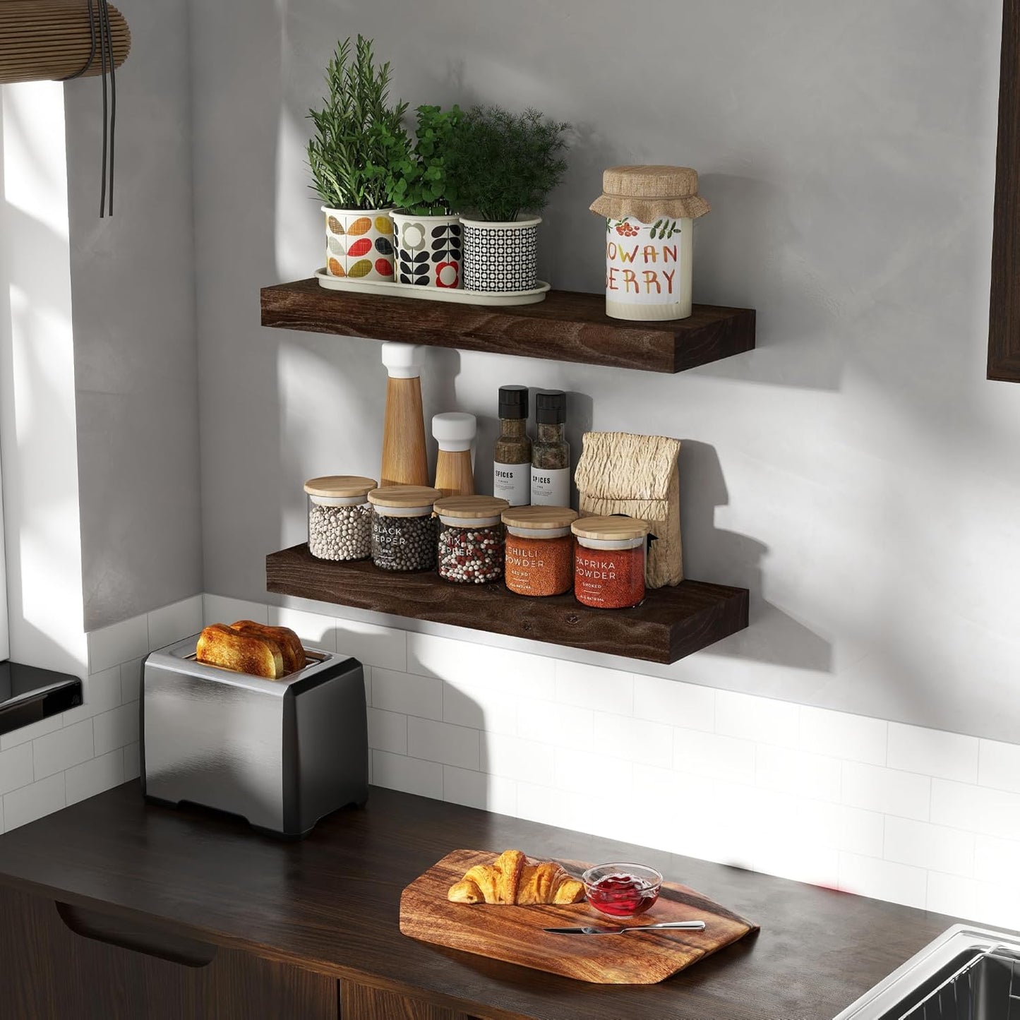 Wood Floating Shelves for Wall, 24" Floating Shelves Wall Mounted, Rustic Old Elm Wood Shelves for Home Decor, Heavy-Duty Storage Shelves for Books, Bathroom, Kitchen, Walnut Color, Set of 2