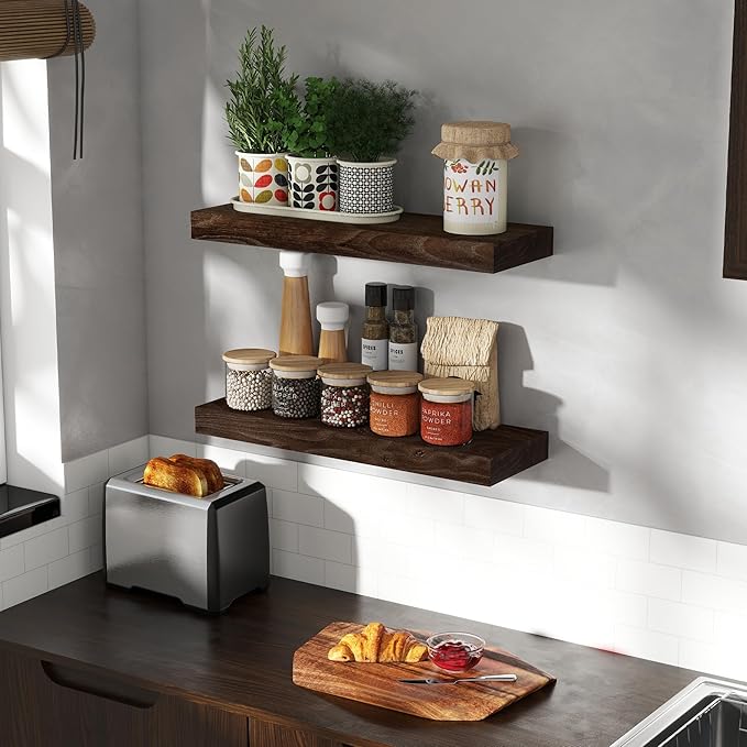 Fun Memories Wood Floating Shelves 24 Inch Long, Rustic Elm Wood Wall Shelves for Farmhouse, Living Room, Kitchen, Wall Mounted Bathroom Shelf Floating Shelf with Invisible Bracket Set of 2, Walnut