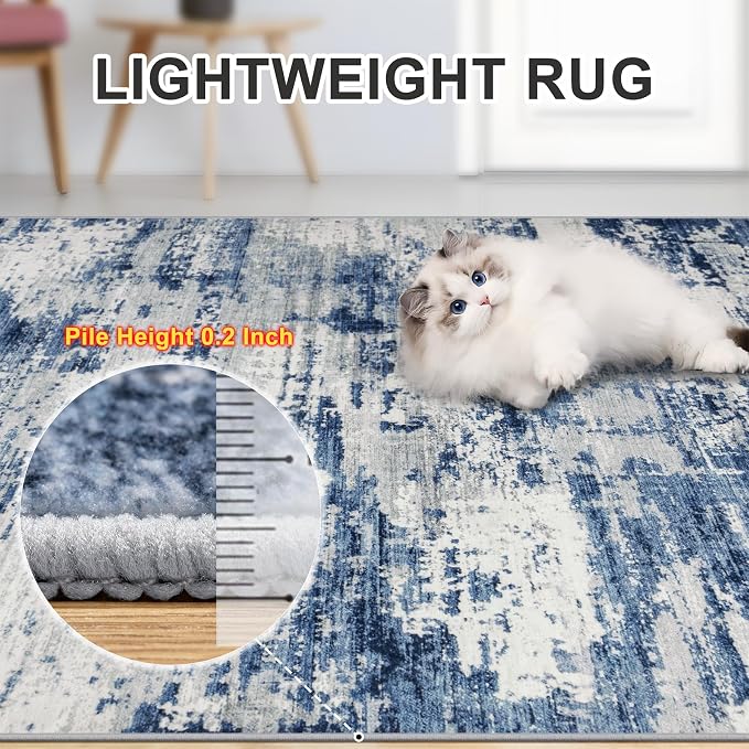 Area Rugs Living Room Rug - 4x6 Washable Modern Abstract Soft Neutral Non-Slip Carpet Large Indoor Floor Thin Carpets for Bedroom Dining Room Farmhouse Nursery Home Office Blue Gray