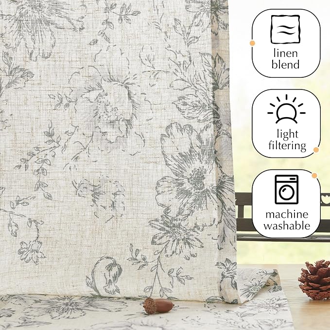 jinchan Floral Linen Tier Curtains Grey Flower on Beige Cafe Curtains 24 Inch Length Kitchen Living Room Bedroom Bathroom Farmhouse Rustic Country Rod Pocket 2 Panels