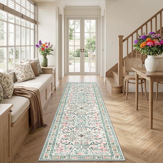 Runner Rug for Entryway: 2x5 Kitchen Rugs Non Slip Washable Ultra-Thin Soft Floral Carpet Indoor Floor Stain Resistant Carpets for Hallway Bedroom Kitchen Laundry Bathroom Dorm Green/Beige