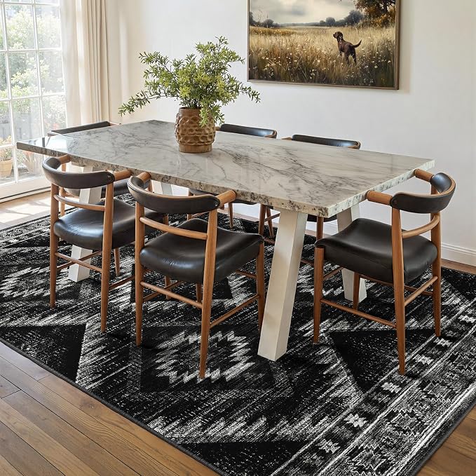BESTSWEETIE Area Rug 7x9 Rug Machine Washable Non-Slip Low Pile Print Pattern Western Rug for Living Room Bedroom Entryway Tribal Series-Black