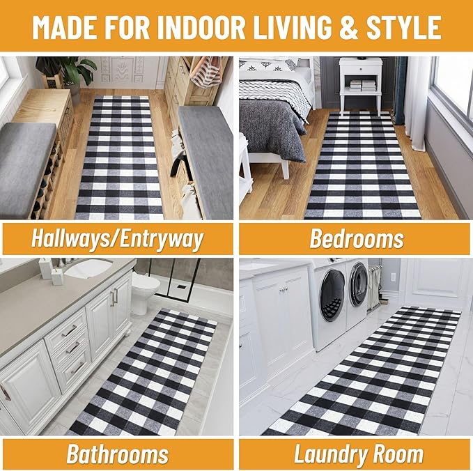 Ottomanson 2'7" x 20' Extra Long Hallway Runner Rug – Non Slip Low Pile Carpet Runner for Hallways, Corridors & Narrow Spaces, Buffalo Plaid Black/White