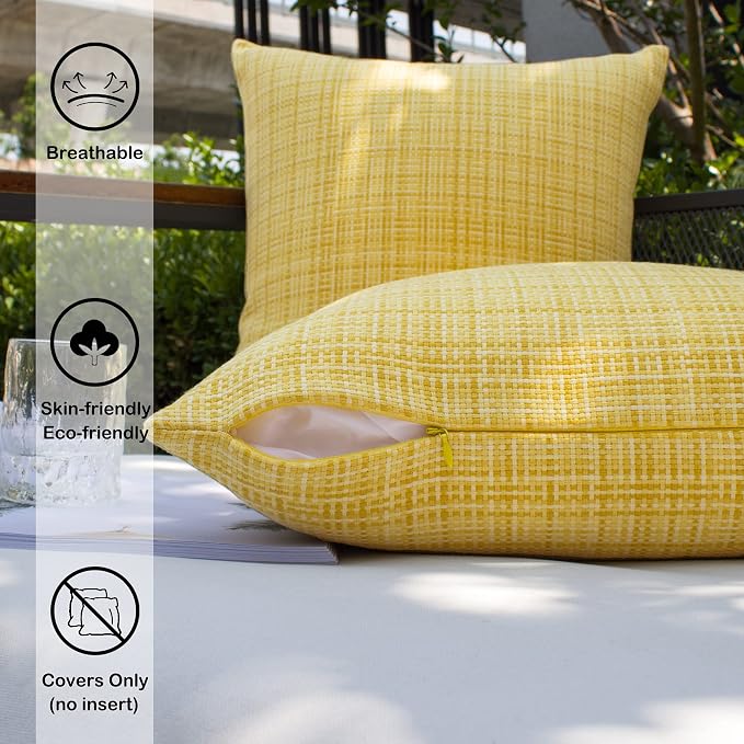 Kevin Textile Pack of 2 Decorative Outdoor Waterproof Throw Pillow Covers Stripe Square Pillowcases Modern Cushion Cases for Patio Couch Bench 18 x 18 Inch Yellow