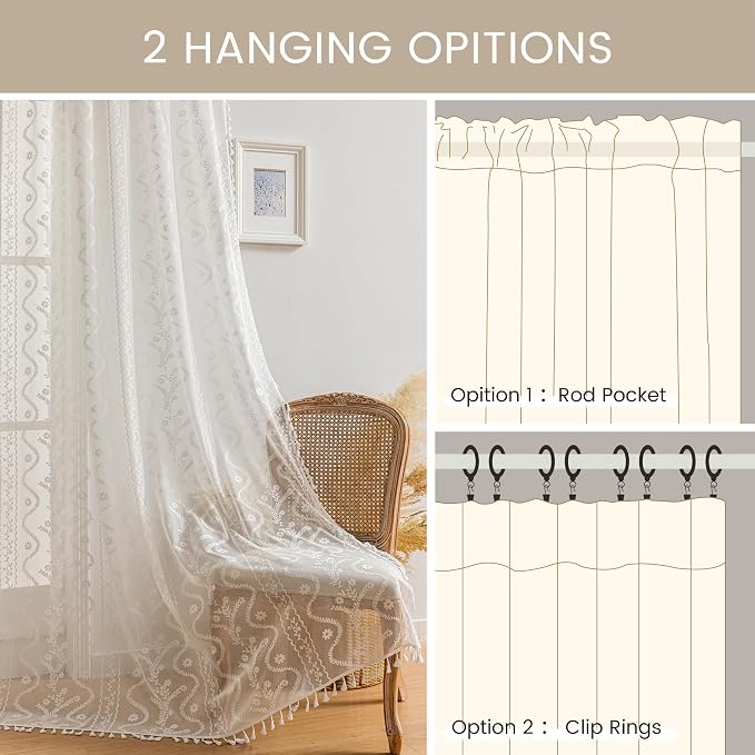 WAZZIO White Boho Lace Curtains 96 Inch -Cute Vintage Victorian Sheer Panel Drape French Country Floral Pattern & Tassel Light Filtering Privacy for Bedroom Dining Living Room,2 Panels,W52 x 96L