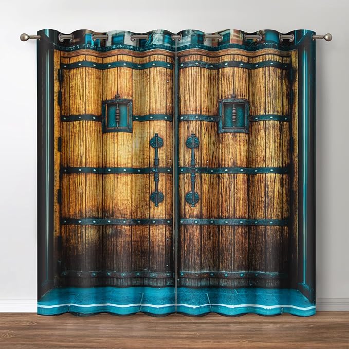Jekeno Vintage Ancient Door Blackout Curtains Retro Rustic Wood Plank Forged Door Farmhouse Drapes Decor Bedroom Apartment Living Room Darkening Grommet Window Treatments 2 Panels Set, 52x84 Inch