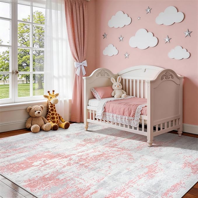 10x14 Area Rugs for Living Room Rug Washable: Abstract Large Rug Indoor Modern Carpet Non Slip for Dining Room Bedroom Nursery Home Office Pink