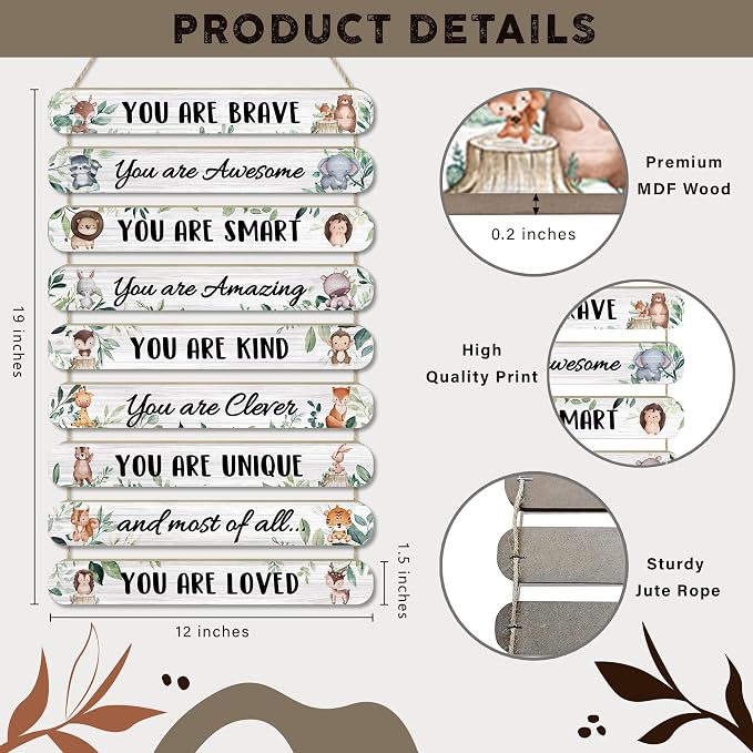 MONALET Woodland Safari Baby Animal Inspirational Wall Decor for Kids Room Classroom Playroom Nursery, You Are Loved Hanging Wooden Signs Decorations, Forest Jungle Wall Art Wood Plaque 9Pcs 12x19