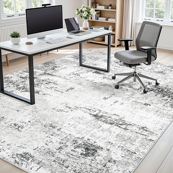 Area Rugs 9x12 Living Room: Large Modern Abstract Washable Rug Soft Indoor Anti Slip Carpet for Under Dining Table Bedroom Nursery Home Office White Grey Black