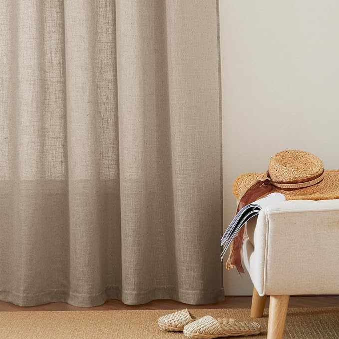 RYB HOME Light Filtering Linen Sheer Curtains, Back Tab Rod Pocket Privacy Protected Linen Blend Burlap Panels for Farmhouse/Living Room/Dining Room, Khaki, Length 84 by Width 52 inch, 2 Panels