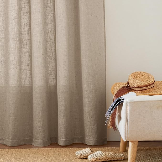 RYB HOME Extra Long Linen Curtains for Dining Room 120 inches Long, Back Tab Farmhouse Light Filtering Privacy Lightweight Floor Sweeping Drapes for Living Room, Khaki, 52" W, 2 Panels