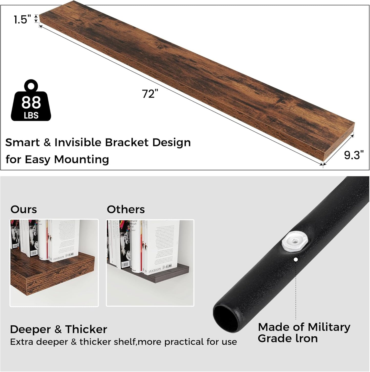 Floating Shelves for Wall, Large Wall Mounted Shelves with Invisible Brackets, Long Wood Floating Shelf for Living Room, Bedroom, Kitchen, (Brown, 72" W x 9" D x 1.5" H)