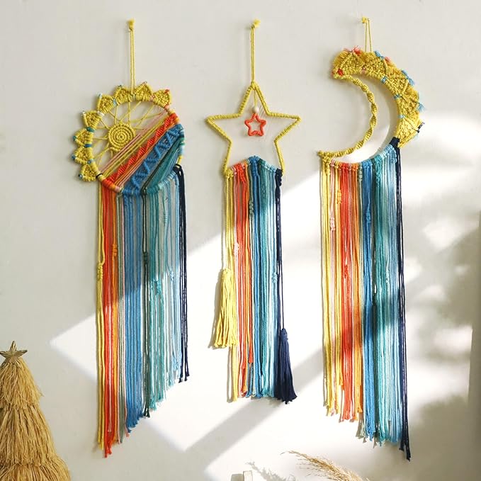 3 Pack Macrame Hanging Tapestry Wall Art Set Boho Woven Tapestries Sun Moon Star Large Dream Catcher Coloful Wall Decor Bedroom Aesthetic Living Room Decor (Orange Blue Mix)