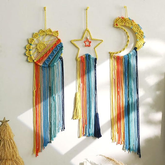 3 Pack Macrame Hanging Tapestry Wall Art Set Boho Woven Tapestries Sun Moon Star Large Dream Catcher Coloful Wall Decor Bedroom Aesthetic Living Room Decor (Orange Blue Mix)