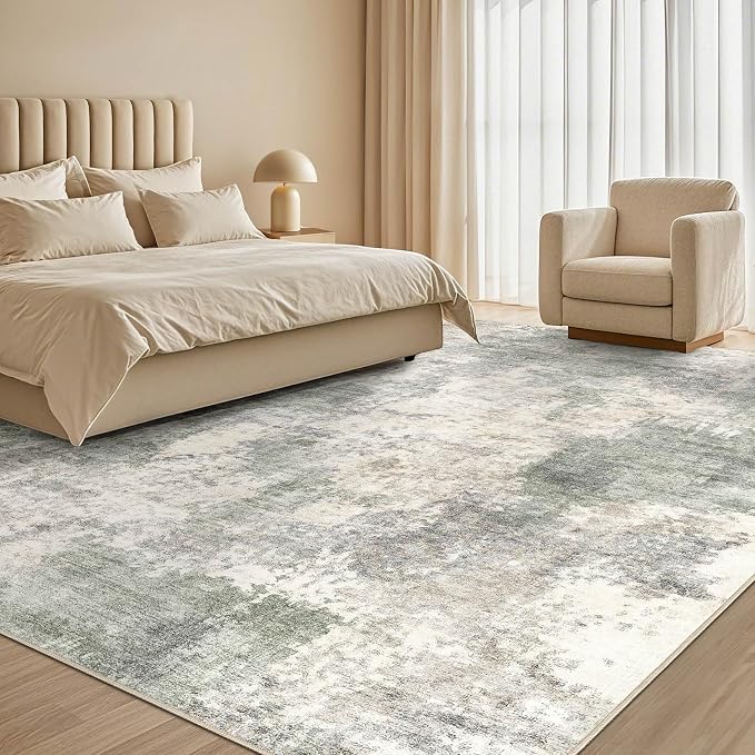 Tortania Washable 5x7 Area Rug for Living Room: Modern Abstract Neutral Large Soft Thin Rugs - Non Slip Indoor Carpet for Bedroom Dining Room Office Nursery Home Floor Decoration - Gray Green