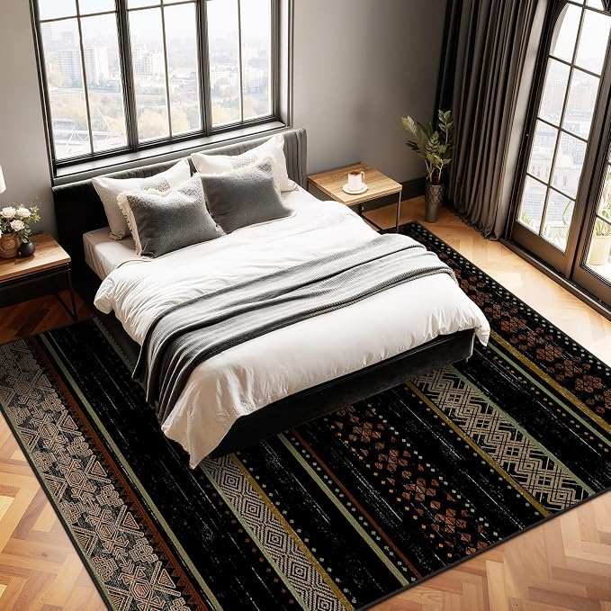 BESTSWEETIE 6x9 Area Rugs for Living Room Washable Moroccan Farmhouse Neutral Geometric Low Pile Non-Slip Soft Print Pattern Rug for Bedroom Kitchen Dining Room Entryway Black/Red/Brown/Cream/Yellow
