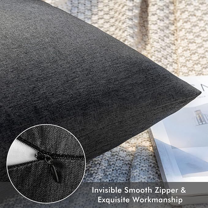 MIULEE Pack of 2 Decorative Outdoor Solid Waterproof Throw Pillow Covers Faux Linen Garden Farmhouse Cushion Cases for Halloween Tent Balcony Couch Sofa 16x16 Inch Black