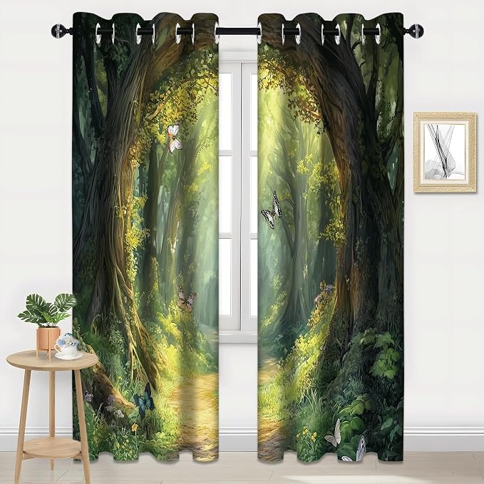 iTapnoom Enchanted Forest Blackout Curtain, Butterfly Nature Lanscape Scene Window Curtains Darkening Thermal Insulated Window Drapes for Living Room Bedroom Decor 2 Panels 52x84 Inches